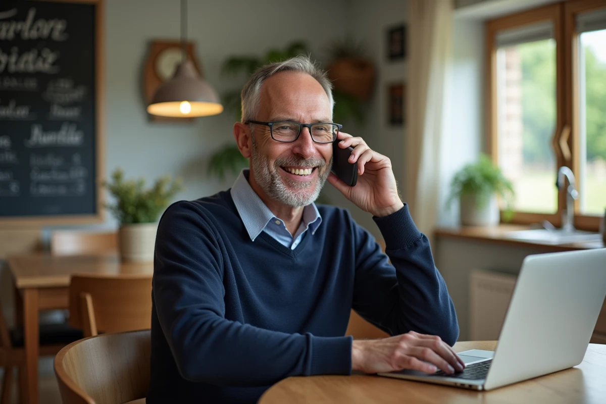 Homme parlant au téléphone dans une salle à manger moderne