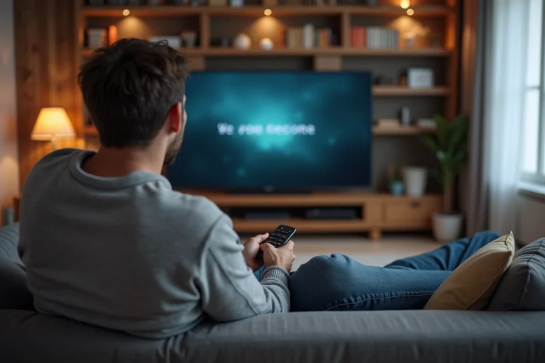 Homme frustré regardant une erreur sur la télévision dans le salon