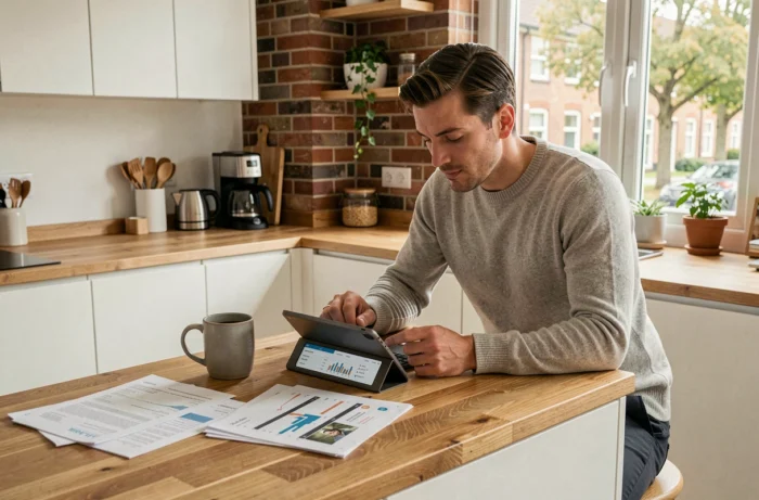 Homme consultant ses placements financiers sur tablette et smartphone dans une cuisine moderne au style scandinave