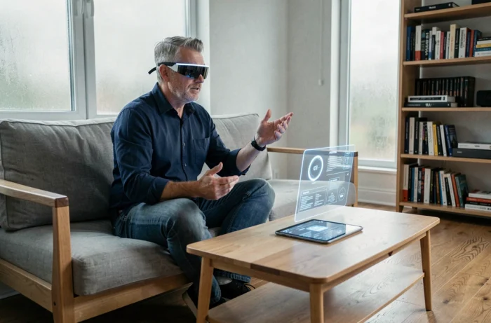 Homme portant des lunettes de réalité augmentée dans un appartement scandinave, tendances technologiques 2024