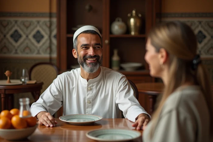 Homme marocain en djellaba souriant lors d'un repas de Ramadan
