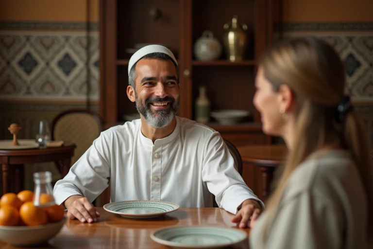 Homme marocain en djellaba souriant lors d'un repas de Ramadan