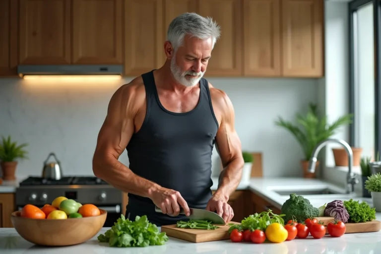 Homme musclé d'âge mûr préparant un repas végétalien coloré dans une cuisine moderne avec légumes frais et fruits