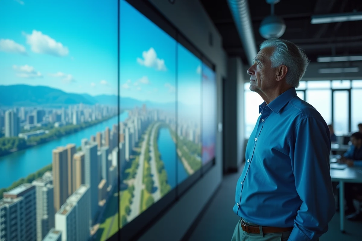 Homme d age regardant une projection virtuelle dans un bureau