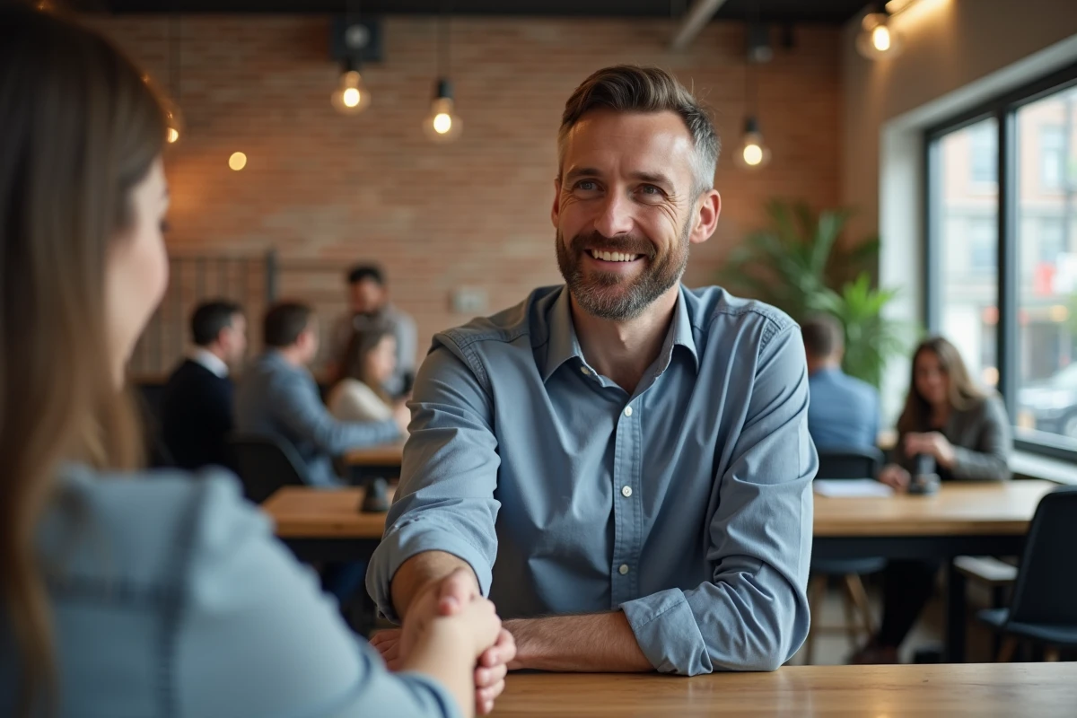 Homme souriant serrant la main dans un espace de coworking lumineux