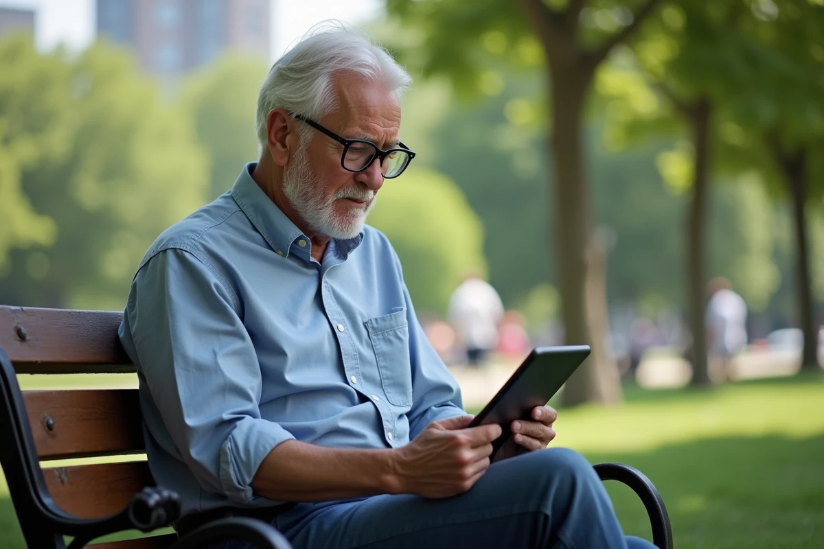 Homme âgé utilisant une tablette dans un parc en plein air