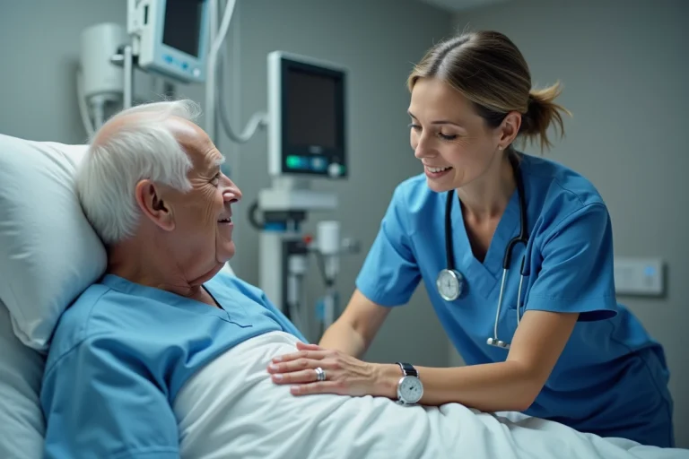 Infirmière en blouse bleue rassurant un patient âgé