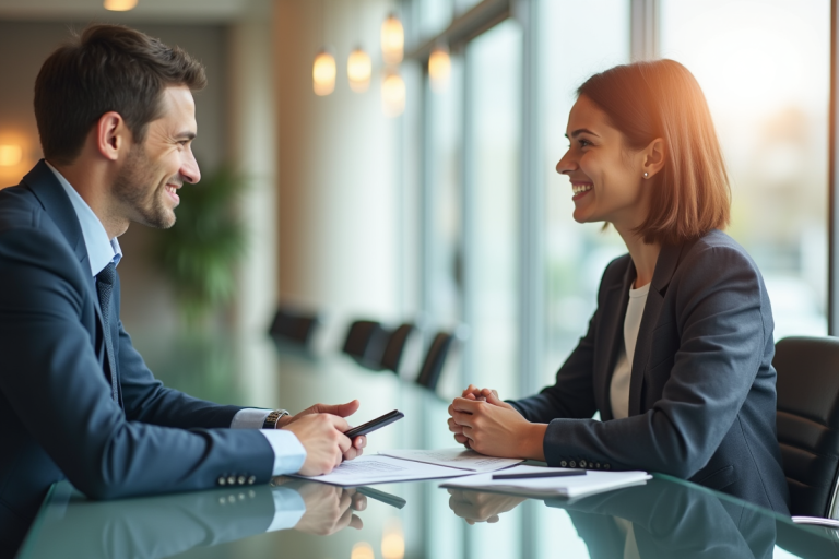 Intérieur moderne d'une banque avec conseiller souriant et client