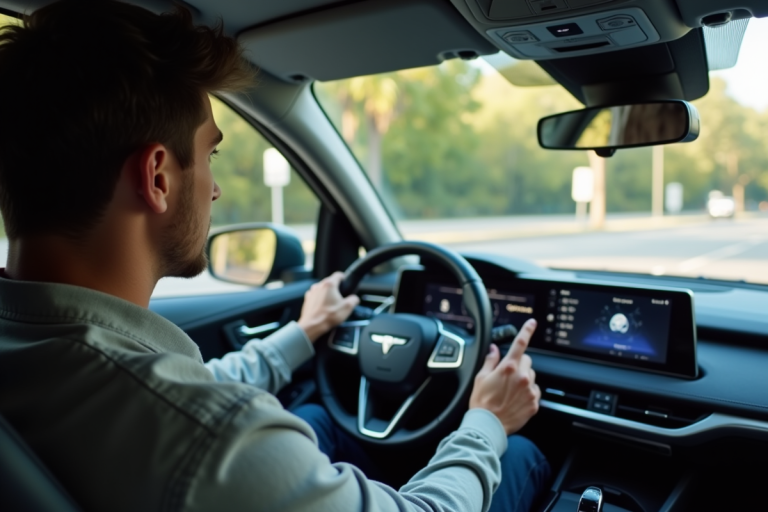 Jeune conducteur dans une voiture moderne utilisant une application connectée
