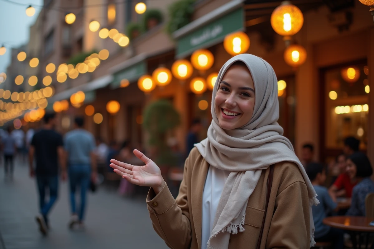 Jeune femme souriante dans une rue animée après le coucher du soleil