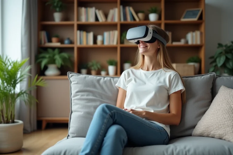 Jeune femme souriante portant un casque VR dans un salon moderne