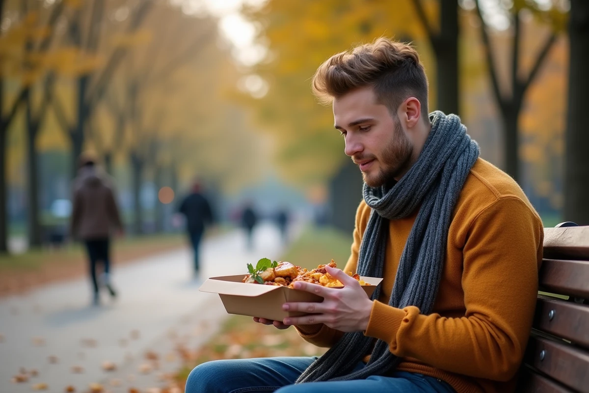 Jeune homme dégustant un repas dans un parc en automne