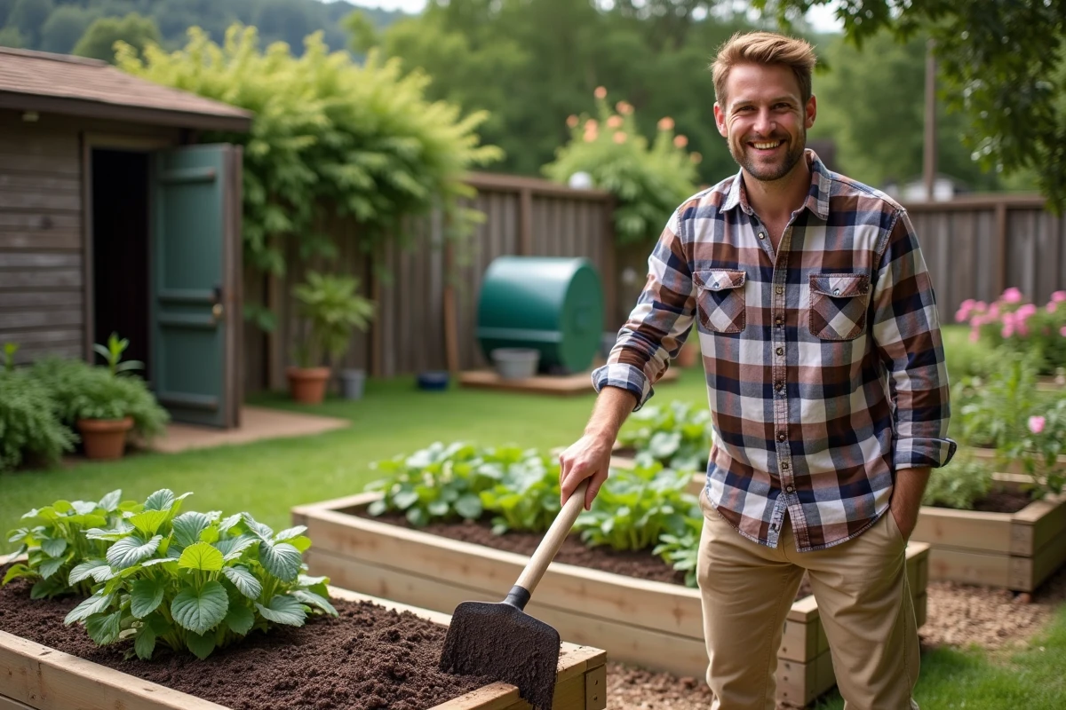 Jeune homme étalant du paillis dans le potager