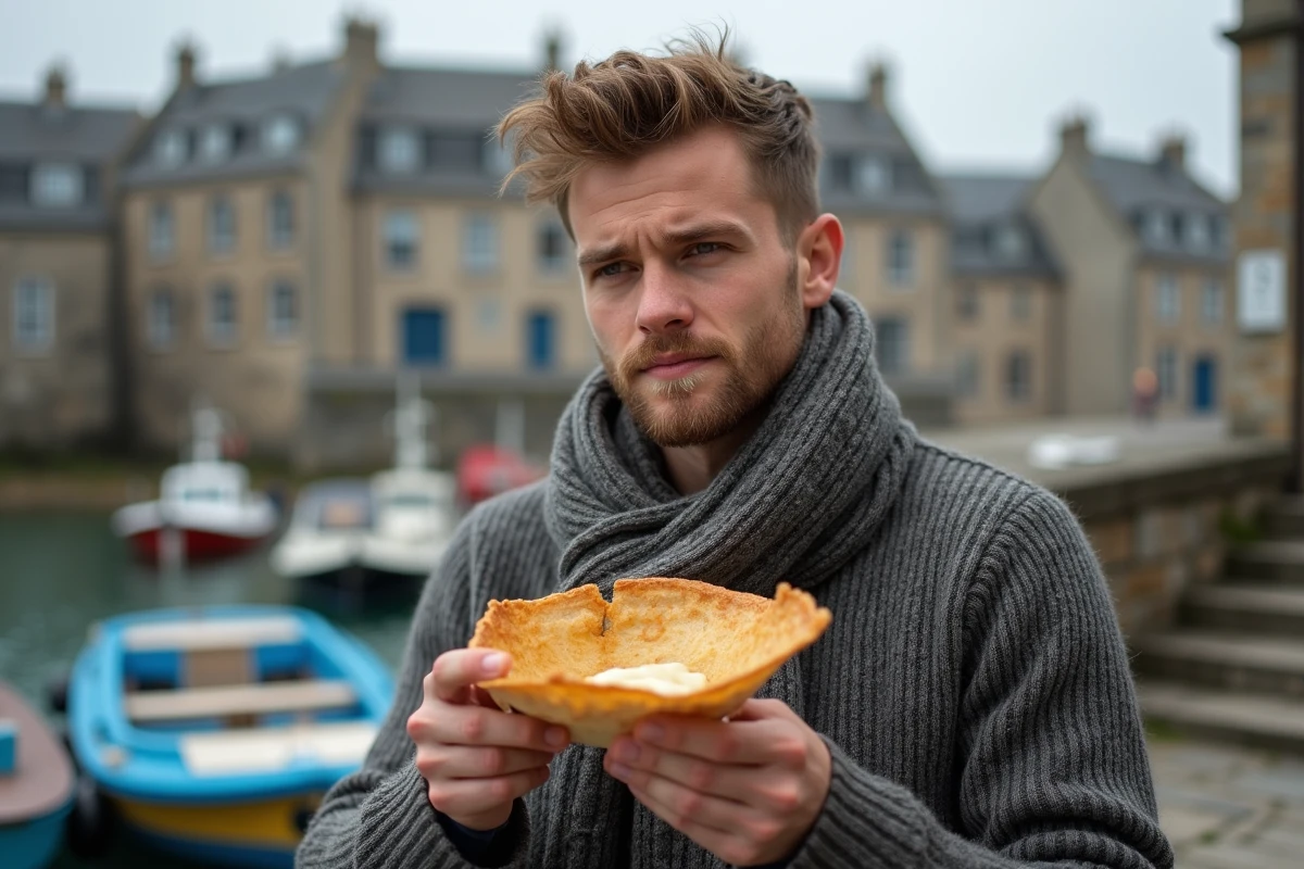 Jeune breton dégustant une crêpe au port de Bretagne