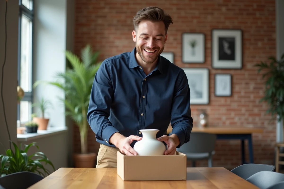Jeune homme déballant un vase en céramique dans un appartement lumineux