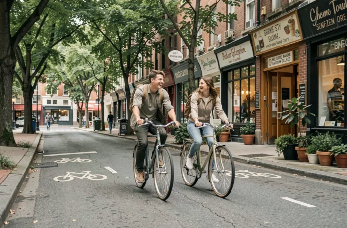 Deux jeunes adultes circulant à vélo dans une rue commerçante urbaine comme alternative de transport écologique au quotidien
