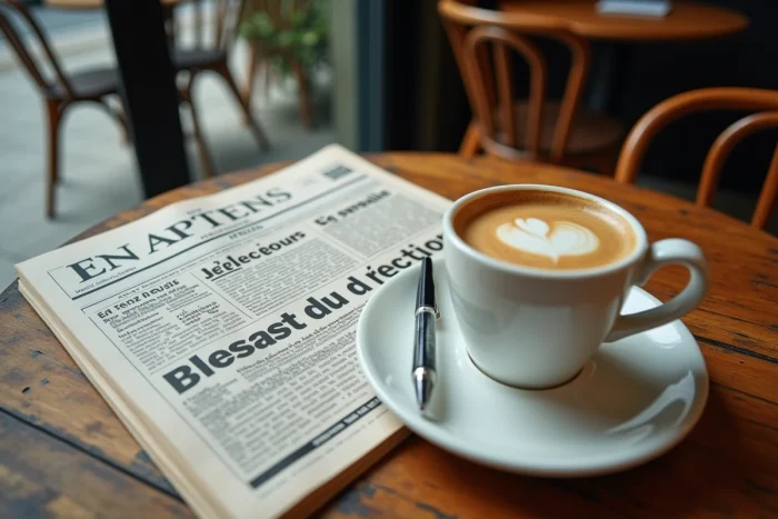 Journal français ouvert sur une table de café parisien avec un espresso abordant le sujet des salaires des dirigeants