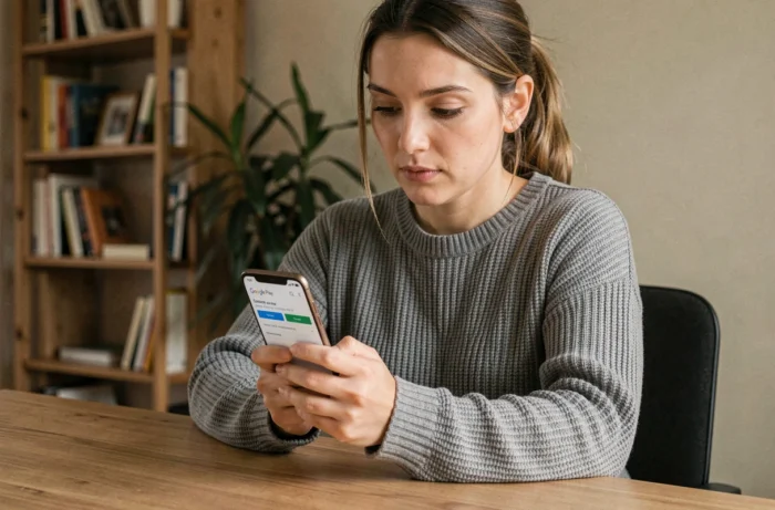 Femme utilisant un smartphone Android pour lier un compte Google Play Store depuis un bureau à domicile