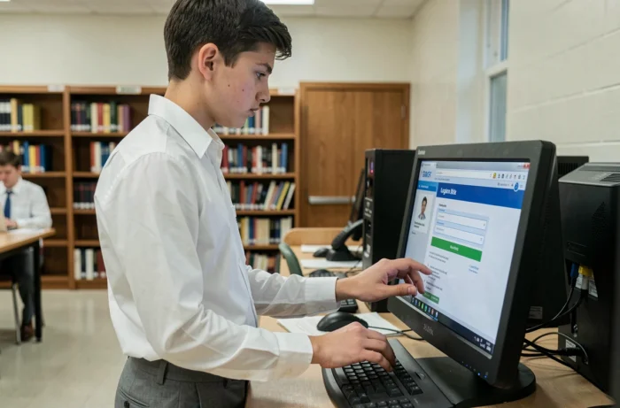 Lycéen se connectant à l'espace élèves sur un ordinateur de bibliothèque scolaire