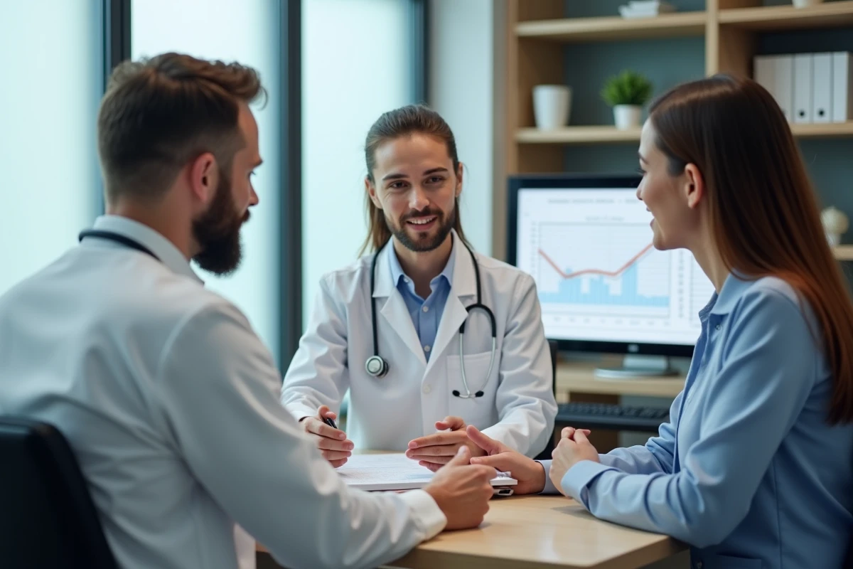 Medecin expliquant les niveaux d HCG à un couple en consultation