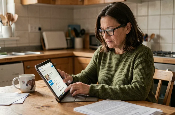 Mère de famille consultant l'espace familles en ligne sur une tablette dans la cuisine