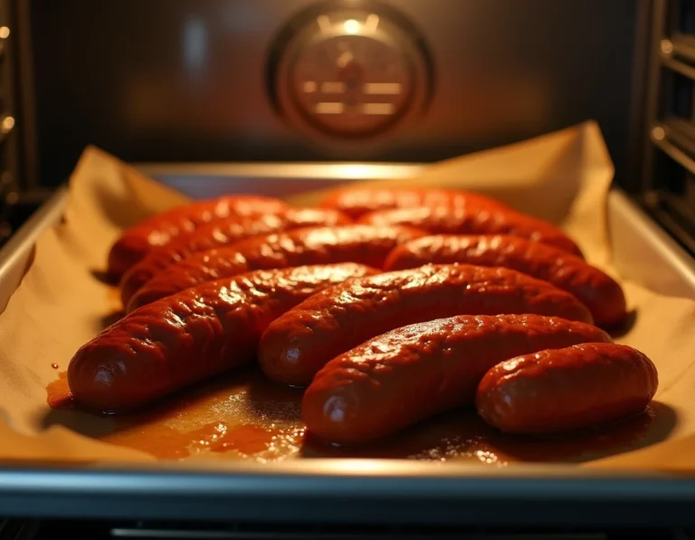 Merguez disposées sur une plaque de cuisson recouverte de papier sulfurisé dans un four domestique, avec des jus naturels autour des saucisses