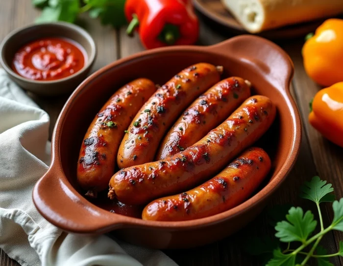 Plat de merguez cuites au four dans un plat en céramique rustique, servi avec de la harissa, des poivrons rôtis et une baguette sur une table en bois