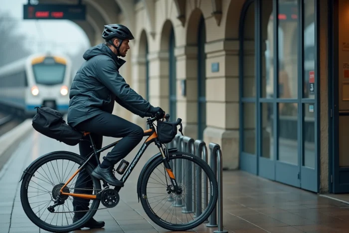 Cycliste attachant son vélo devant une gare régionale française avant de prendre un train, exemple de mobilité douce et multimodale