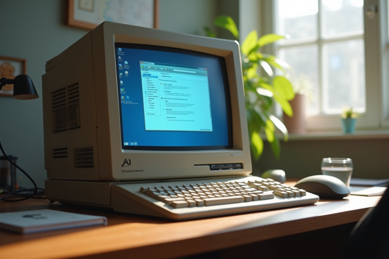 Ancien ordinateur des années 90 avec fenêtre de messagerie ouverte