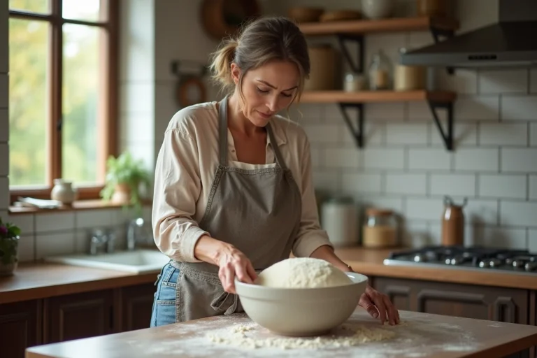 Femme en cuisine avec pâte qui a débordé, ambiance chaleureuse