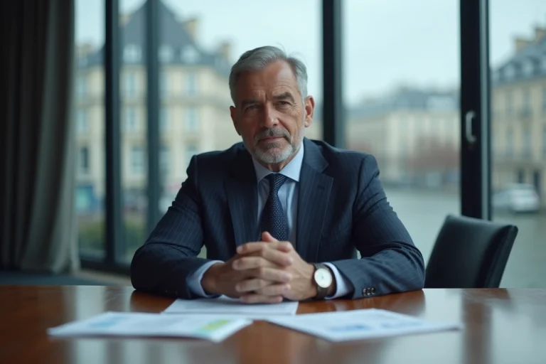 PDG en costume dans une salle de réunion d'entreprise avec des documents financiers sur la table