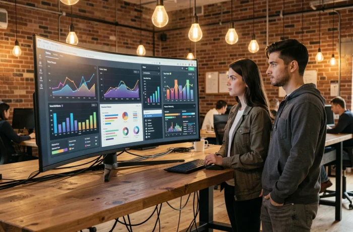 Deux professionnels analysant un tableau de bord web sur un écran incurvé dans un espace de coworking, tendances digitales 2024