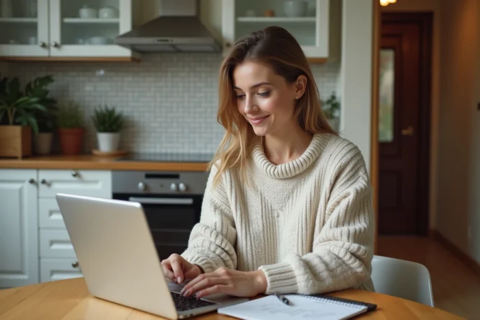 Femme consultant une plateforme d'échange immobilier entre particuliers sur une tablette dans sa cuisine