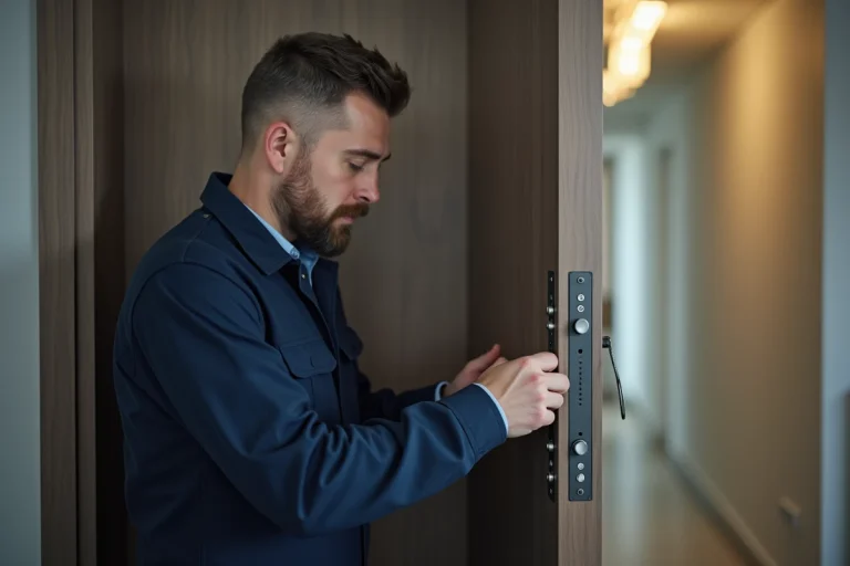 Serrurier professionnel installant une serrure renforcée dans un appartement