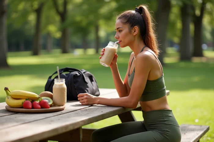Femme sportive buvant un smoothie aux fruits après l'entraînement dans un parc pour favoriser la prise de masse