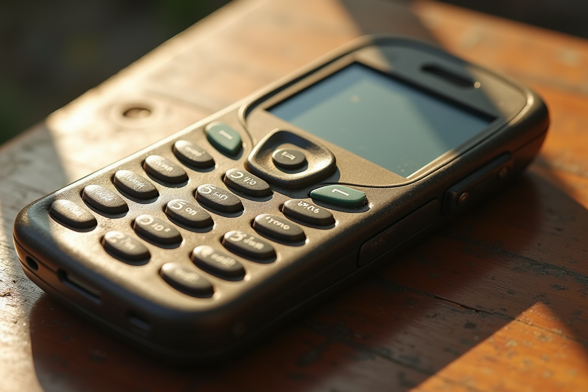 Téléphone vintage poussiéreux affichant une boîte de réception SMS