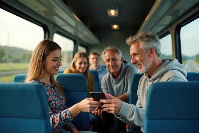 Groupe de voyageurs partageant un trajet en car interurbain en France, illustrant la mobilité solidaire et responsable